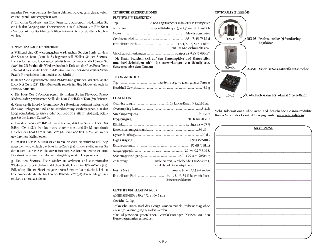 Gemini CDT-05 Seamless Loop Definieren, Techische Spezifikationen PLATTENSPIELER-SEKTION, Tonarm-Sektion, Cd-Sektion 