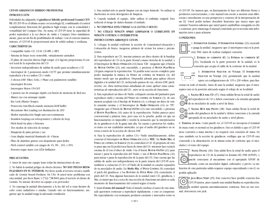 Gemini warranty CDT-05 Giradiscos Hibrido Profesional Introducción, Características, Precauciones, Conexiones 