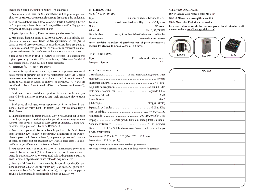 Gemini CDT-05 warranty Sección DE Brazo, Acesorios Opcionales, Sección Compact Disc, Pesos Y Medidas 