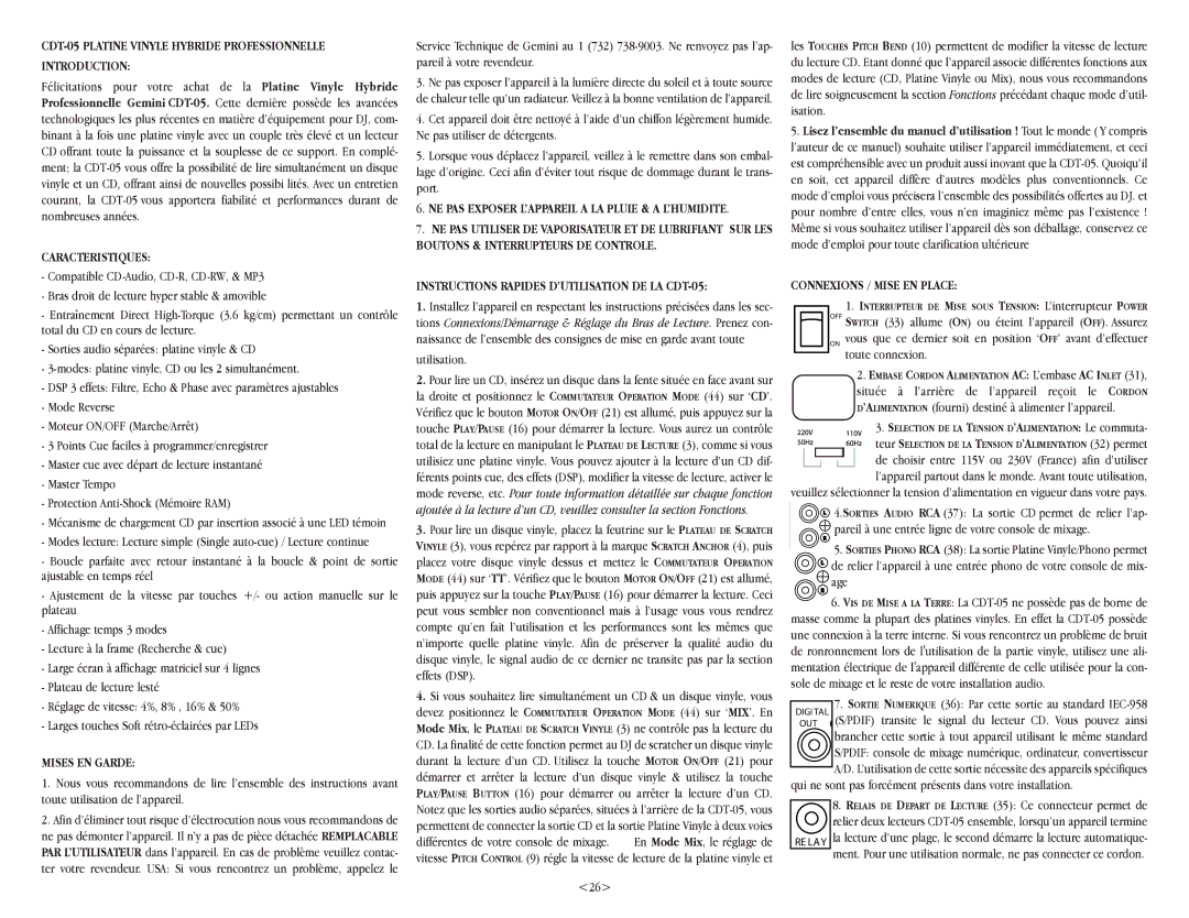 Gemini warranty CDT-05 Platine Vinyle Hybride Professionnelle Introduction, Caracteristiques, Mises EN Garde 