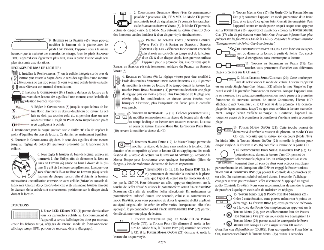 Gemini CDT-05 Reglages DU Bras DE Lecture, Fonctions, Servent à modifier la vitesse du CD, Lecture du disque vinyle 