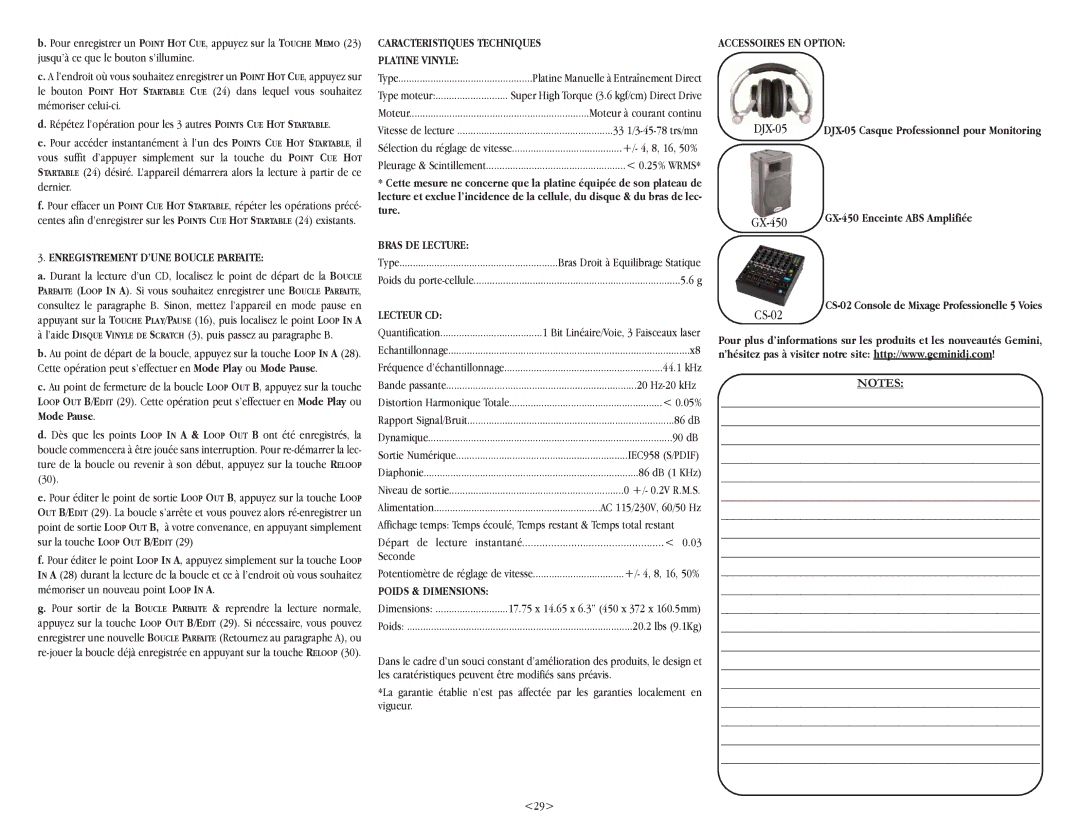 Gemini CDT-05 warranty Bras DE Lecture, Accessoires EN Option, Lecteur CD, Poids & Dimensions 