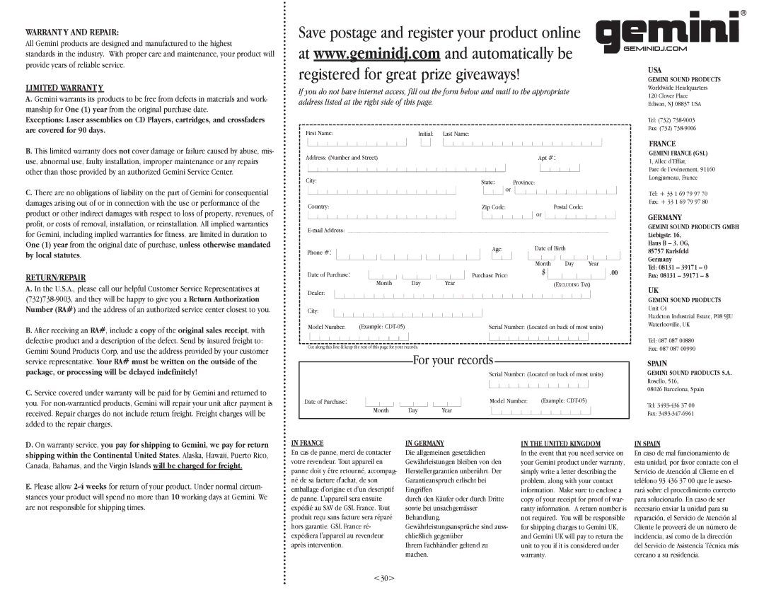 Gemini CDT-05 warranty Usa, France, Germany, Spain, Ihrem Fachhändler geltend zu machen 