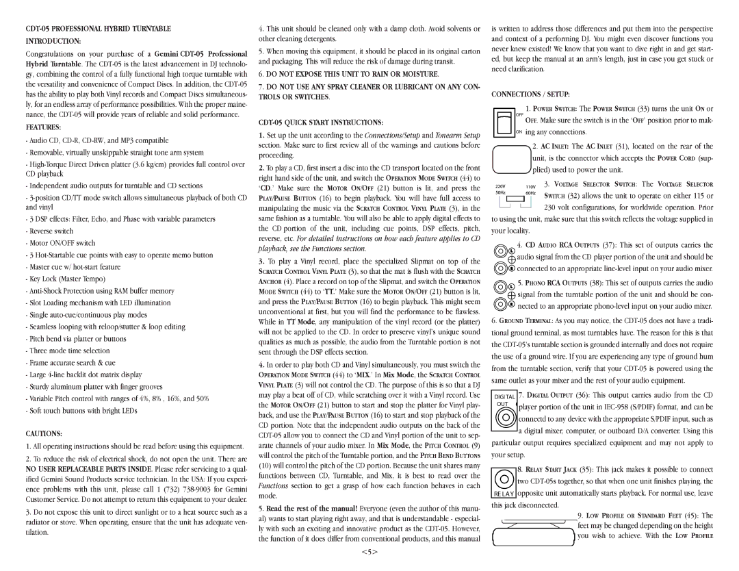 Gemini warranty CDT-05 Professional Hybrid Turntable Introduction, Features, Connections / Setup 