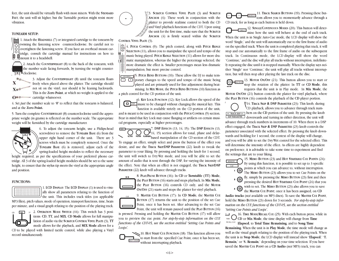 Gemini CDT-05 warranty Tonearm Setup, Clockwise, Position Parameter 22 knob will advance through tracks, Functions 