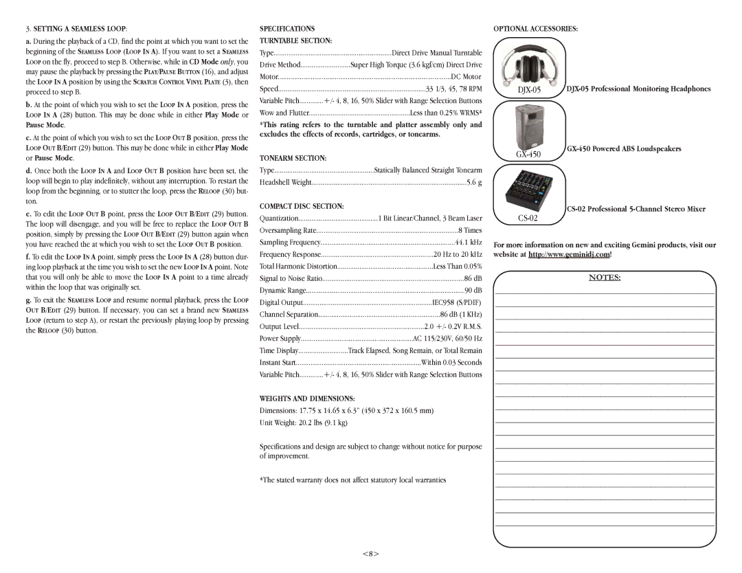 Gemini CDT-05 warranty Setting a Seamless Loop, Specifications Turntable Section, Tonearm Section, Weights and Dimensions 