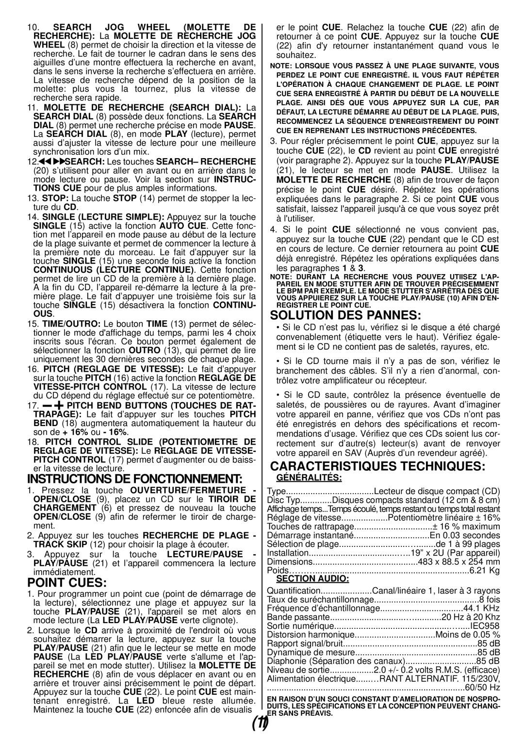 Gemini CDX-01 manual Solution Des Pannes, Caracteristiques Techniques, Généralités, Section Audio 