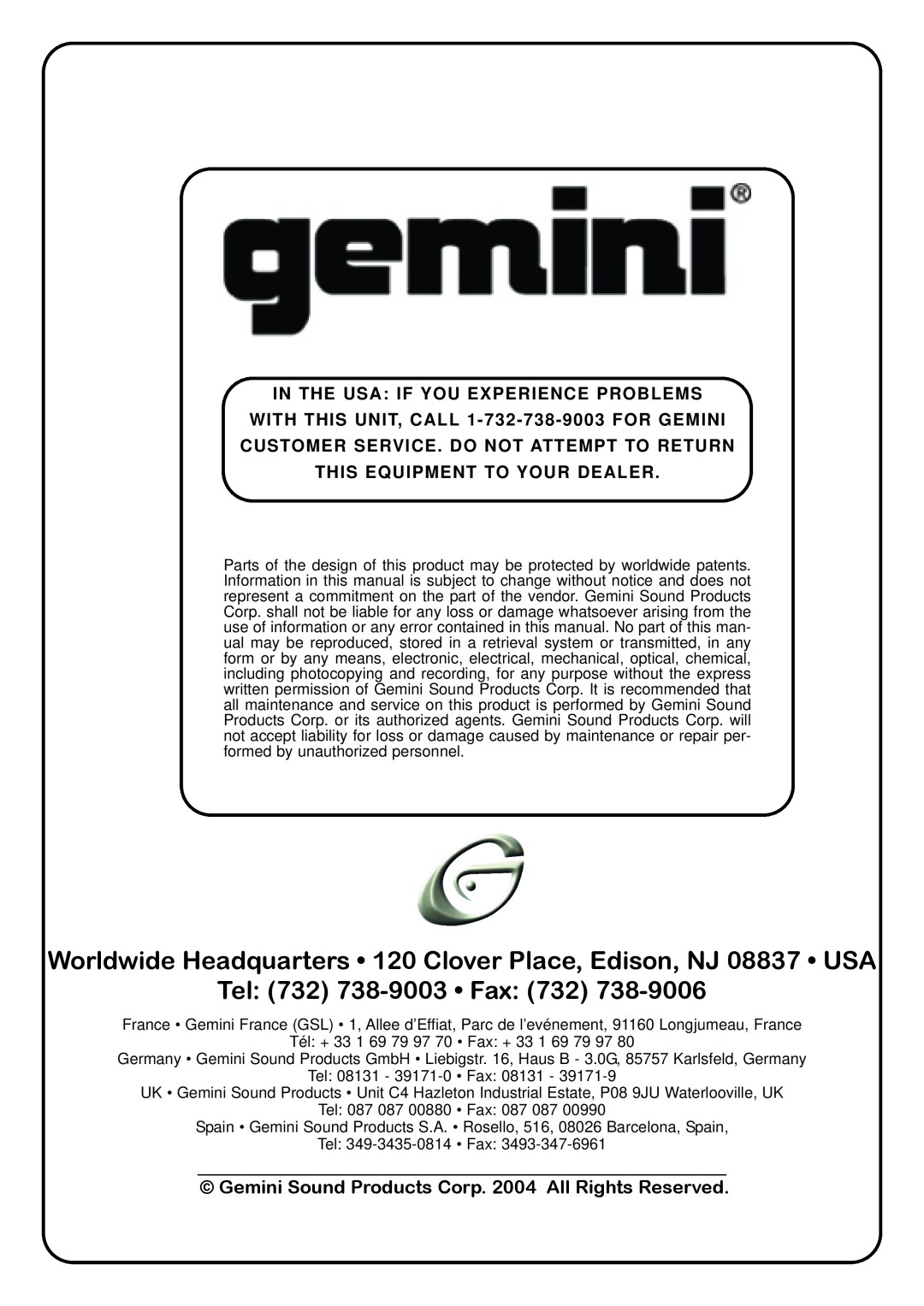 Gemini CDX-01 Tel 732 738-9003 Fax, In The Usa If You Experience Problems, WITH THIS UNIT, CALL 1-732-738-9003FOR GEMINI 