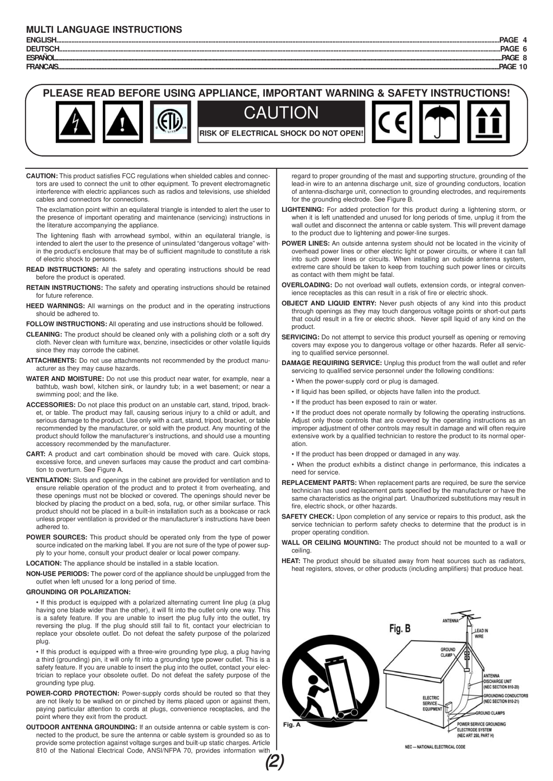 Gemini CDX-01 manual Multi Language Instructions, Page, Risk Of Electrical Shock Do Not Open, Grounding Or Polarization 
