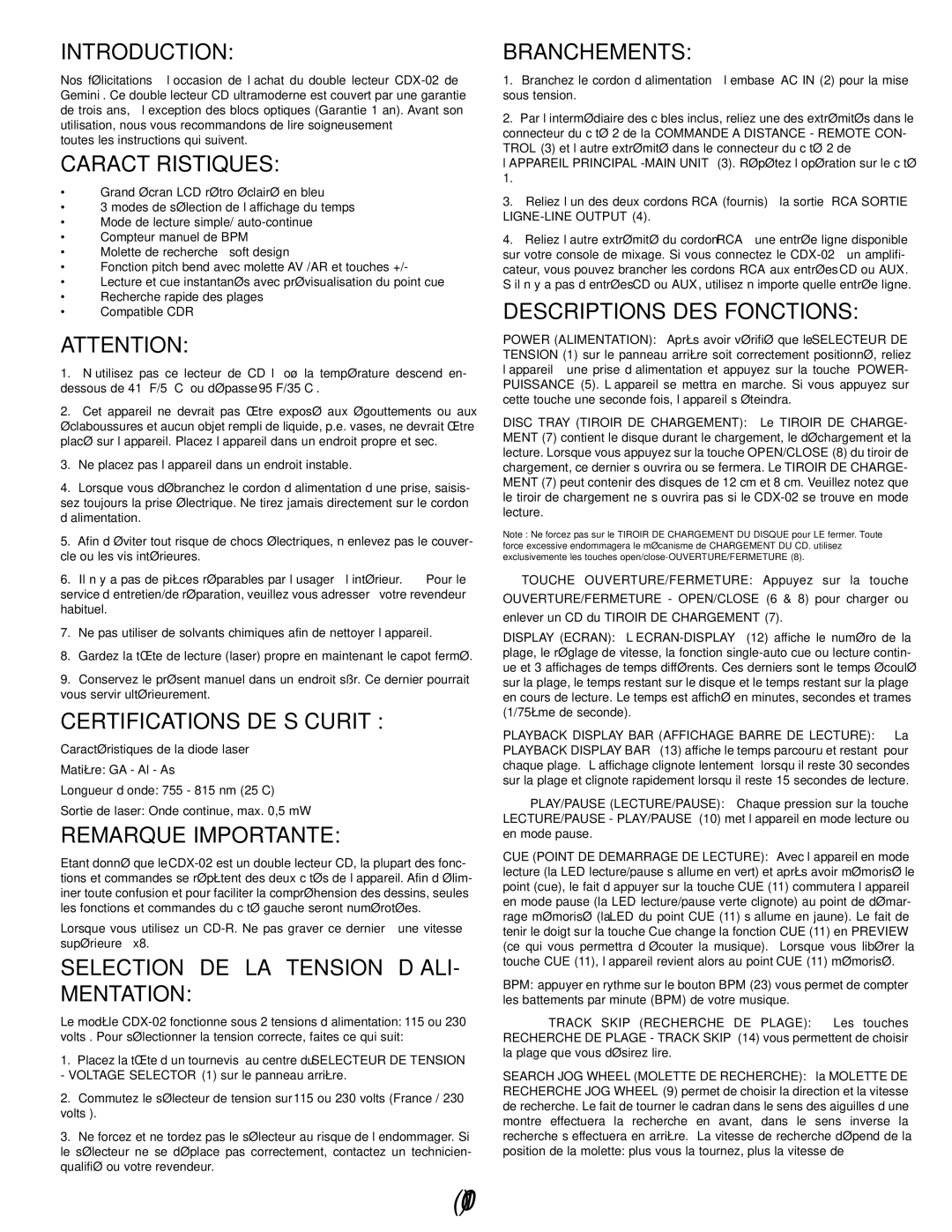 Gemini CDX-02 Caractéristiques, Certifications DE Sécurité, Remarque Importante, Selection DE LA Tension D’ALI- Mentation 