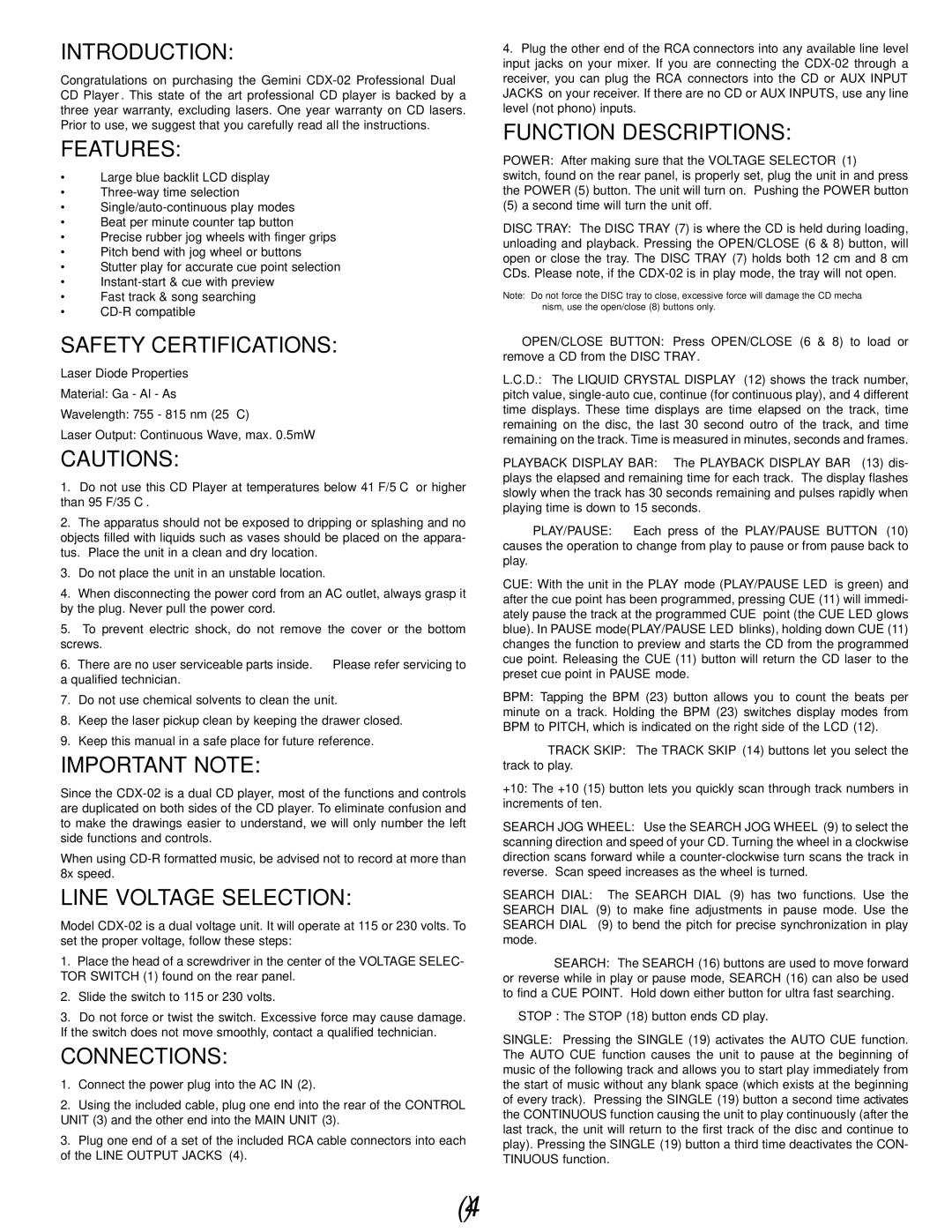 Gemini CDX-02 manual Introduction, Features, Safety Certifications, Important Note, Line Voltage Selection, Connections 