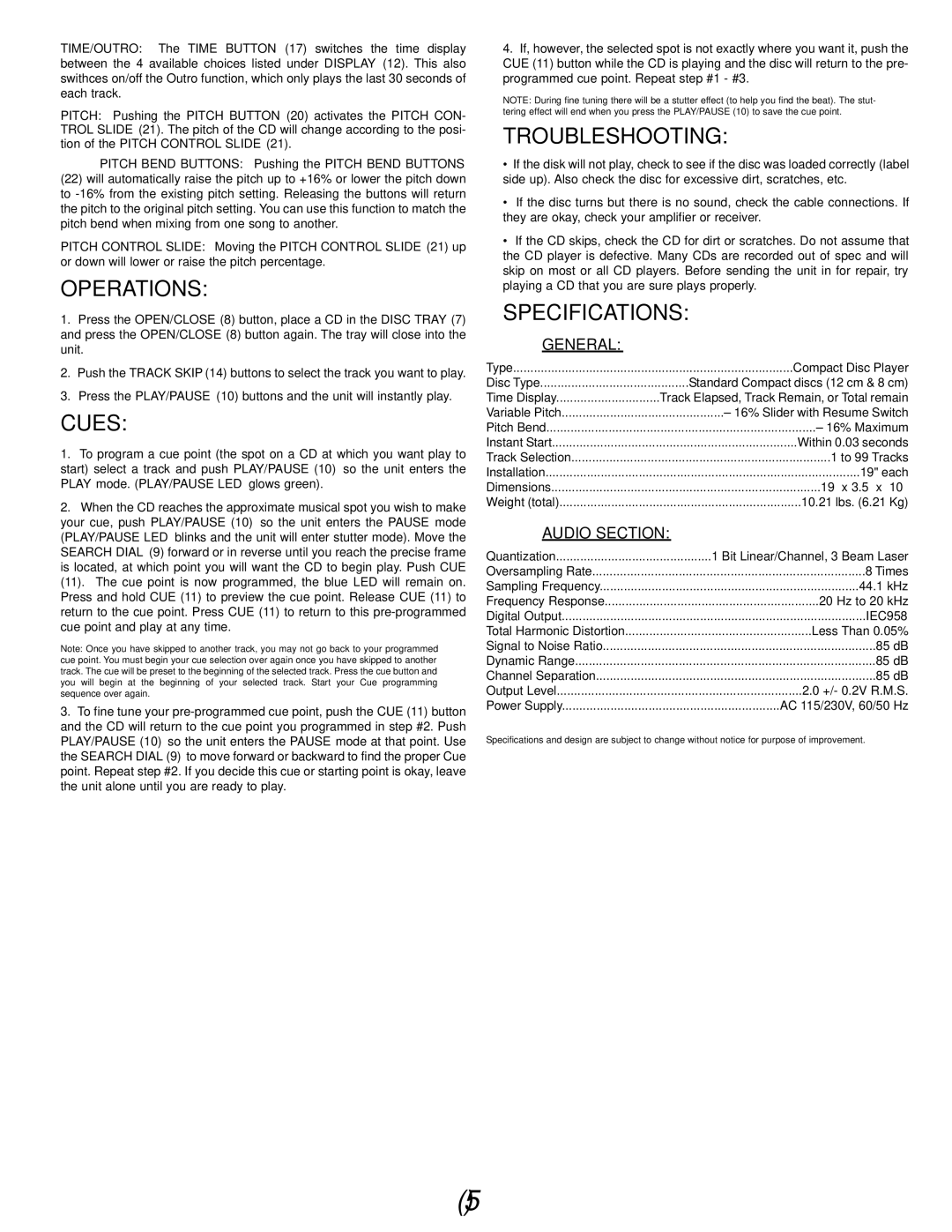 Gemini CDX-02 manual Operations, Cues, Troubleshooting, Specifications 