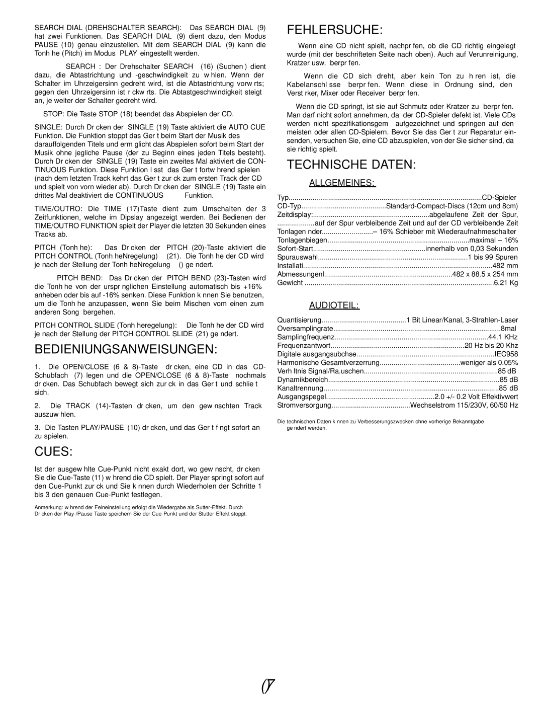 Gemini CDX-02 manual Bedieniungsanweisungen, Fehlersuche, Technische Daten, Allgemeines, Audioteil 