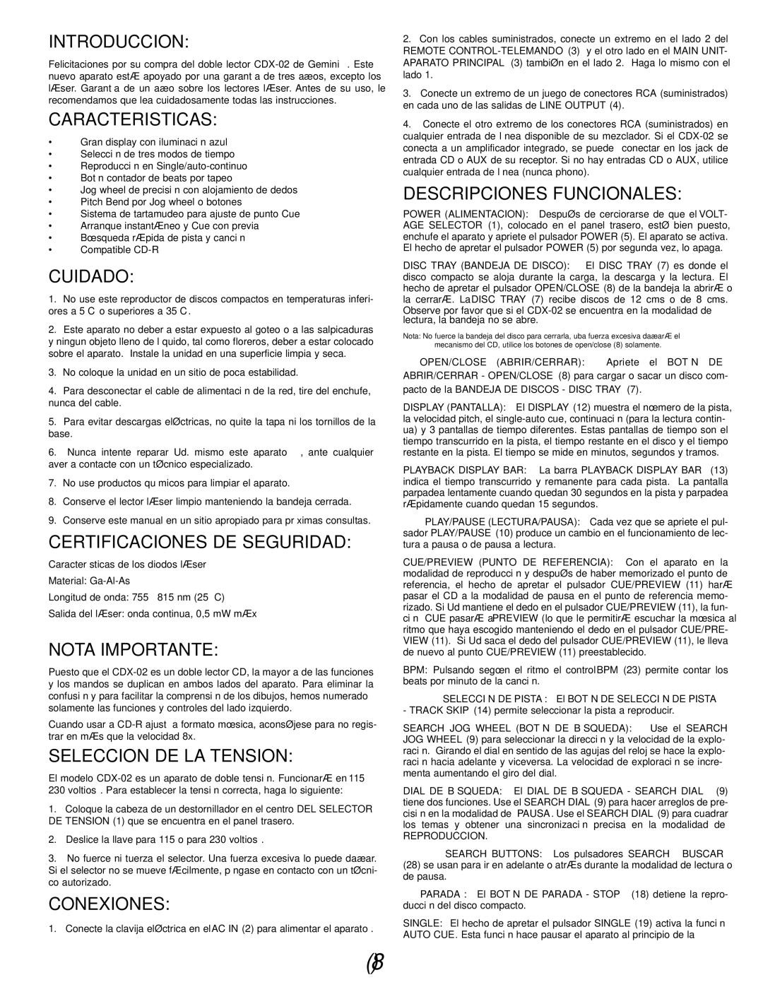 Gemini CDX-02 manual Introduccion, Caracteristicas, Cuidado, Certificaciones DE Seguridad, Nota Importante, Conexiones 