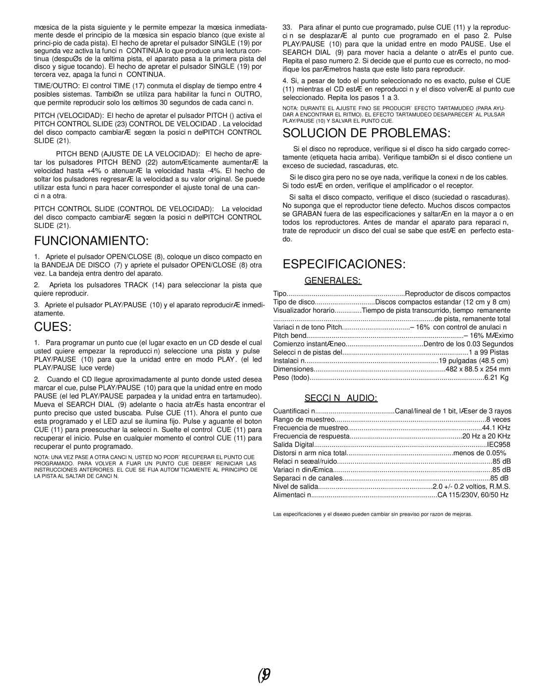 Gemini CDX-02 manual Funcionamiento, Solucion DE Problemas, Especificaciones, Generales, Sección Audio 