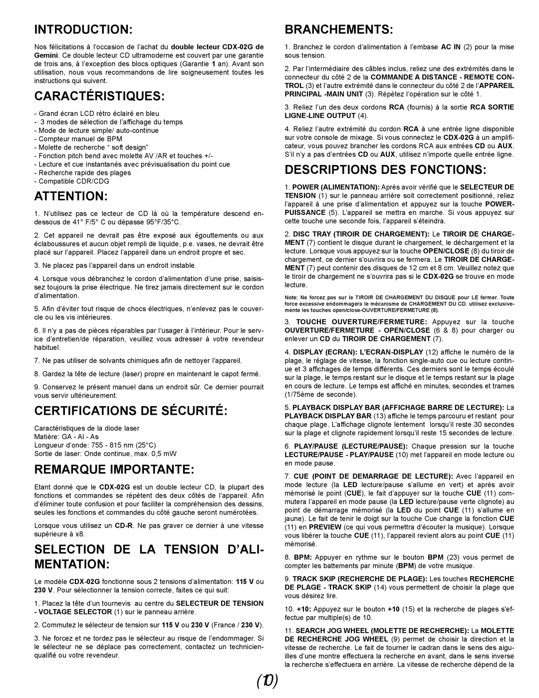 Gemini CDX-02G Caractéristiques, Certifications DE Sécurité, Remarque Importante, Selection DE LA Tension D’ALI- Mentation 