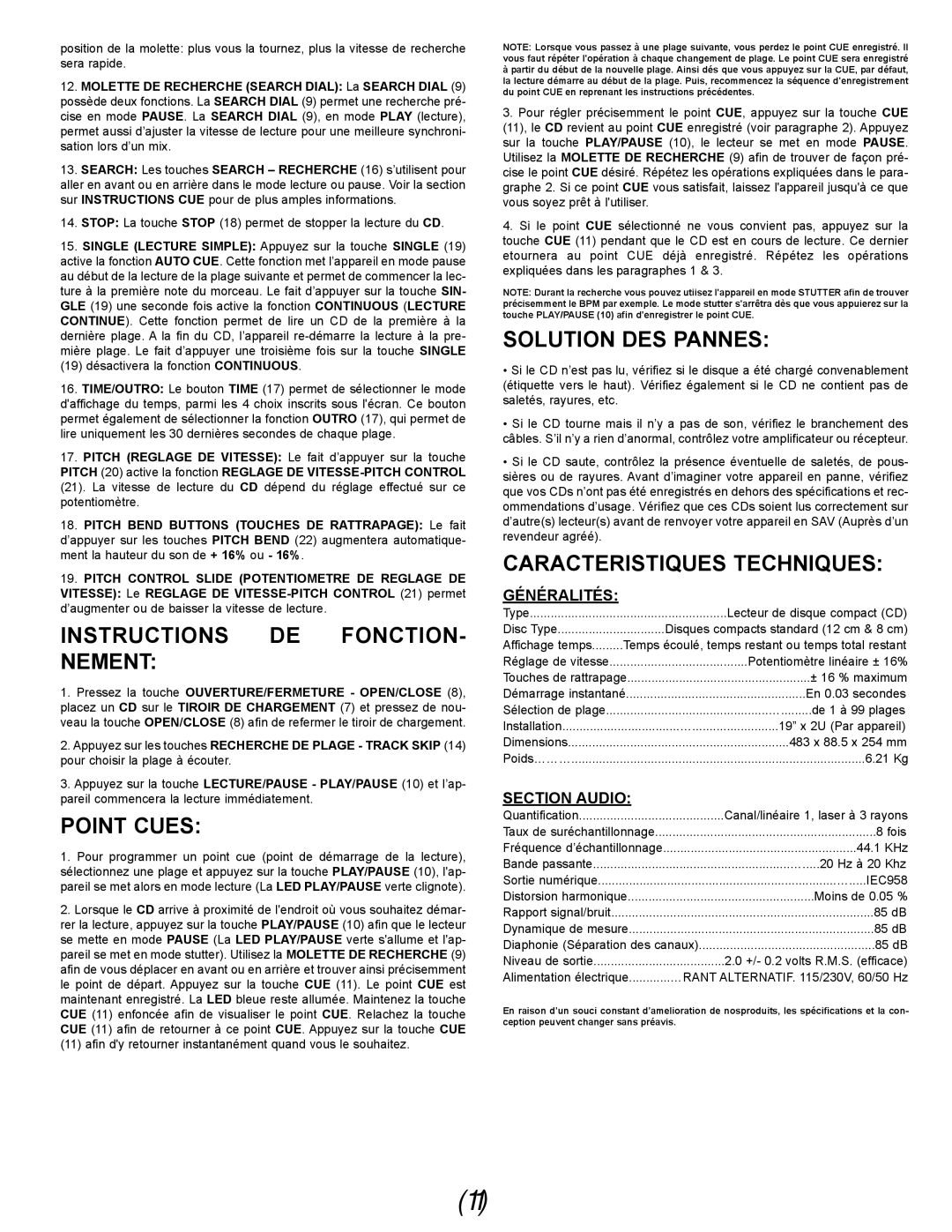 Gemini CDX-02G manual Instructions DE FONCTION- Nement, Point Cues, Solution DES Pannes, Caracteristiques Techniques 