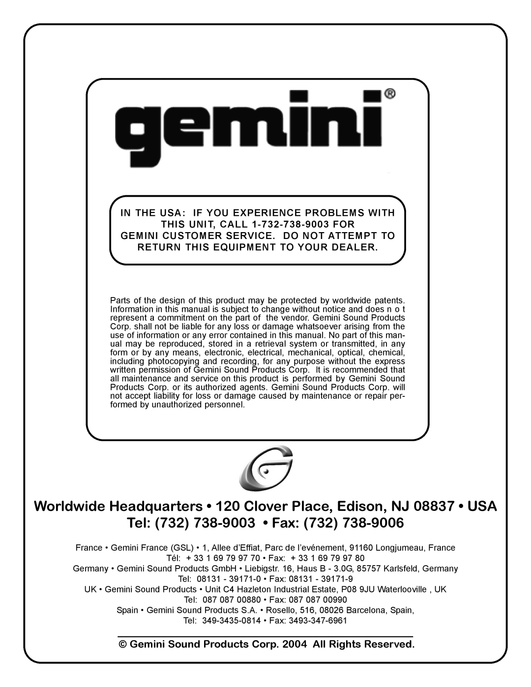 Gemini CDX-02G manual Gemini Sound Products Corp All Rights Reserved 