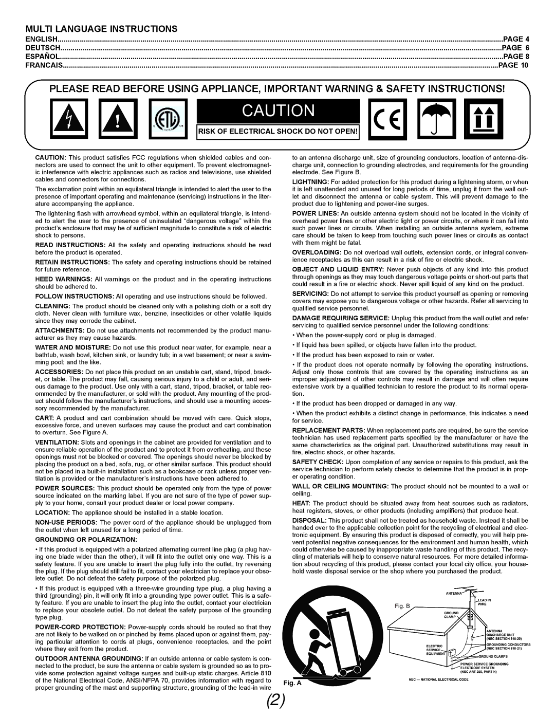 Gemini CDX-02G manual Multi Language Instructions, Risk of Electrical Shock do not Open 