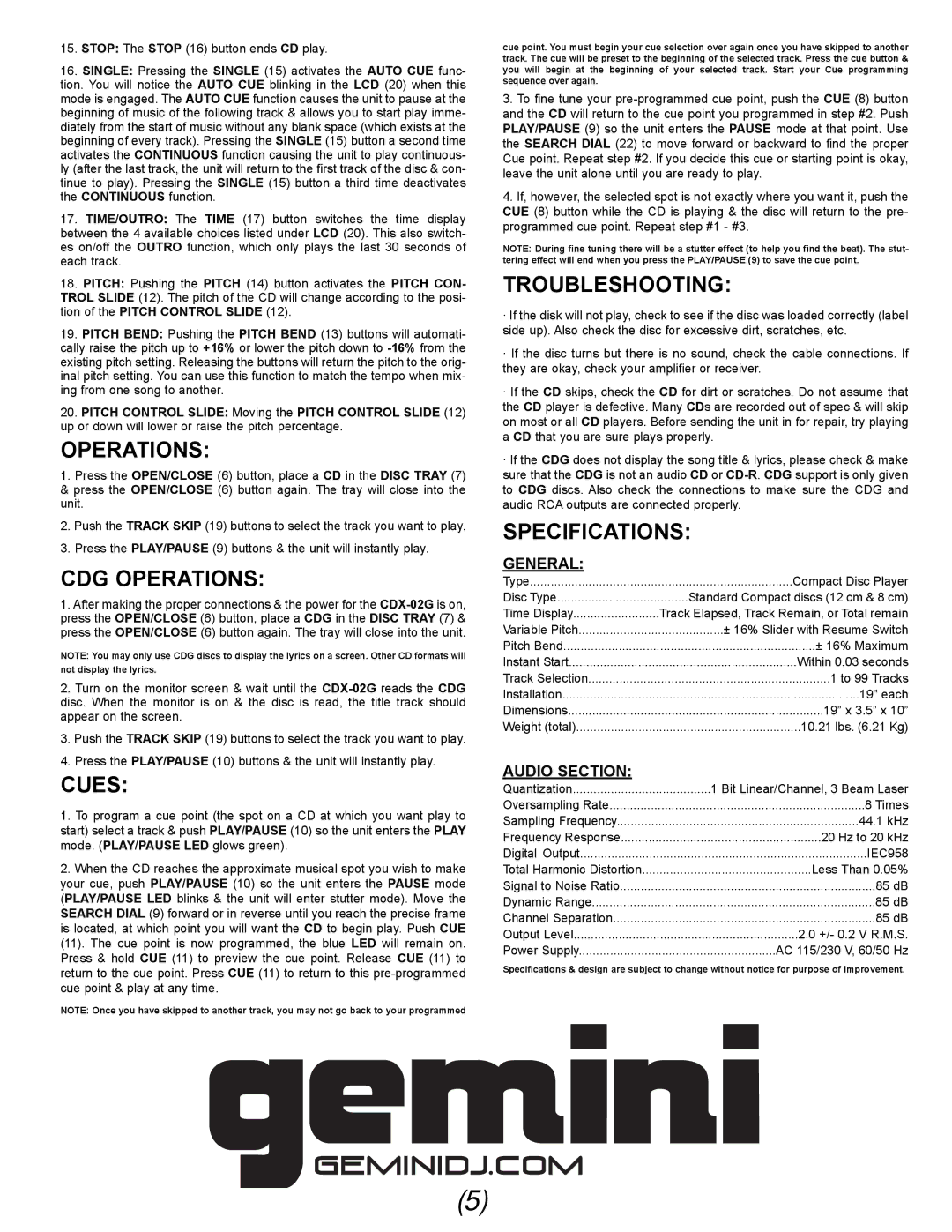 Gemini CDX-02G manual CDG Operations, Cues, Troubleshooting, Specifications 