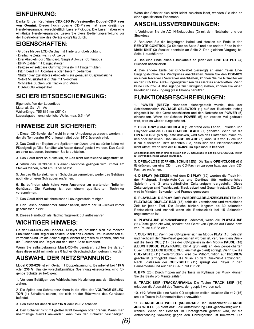 Gemini CDX-02G manual Einführung, Eigenschaften, Sicherheitsbescheinigung, Hinweise ZUR Sicherheit, Wichtiger Hinweis 