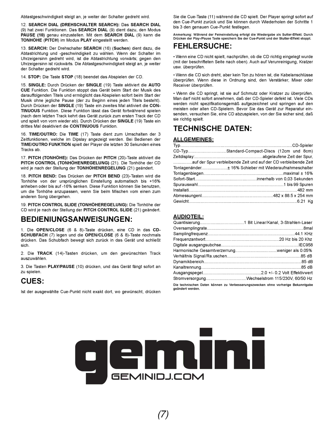 Gemini CDX-02G manual Bedieniungsanweisungen, Fehlersuche, Technische Daten, Allgemeines, Audioteil 