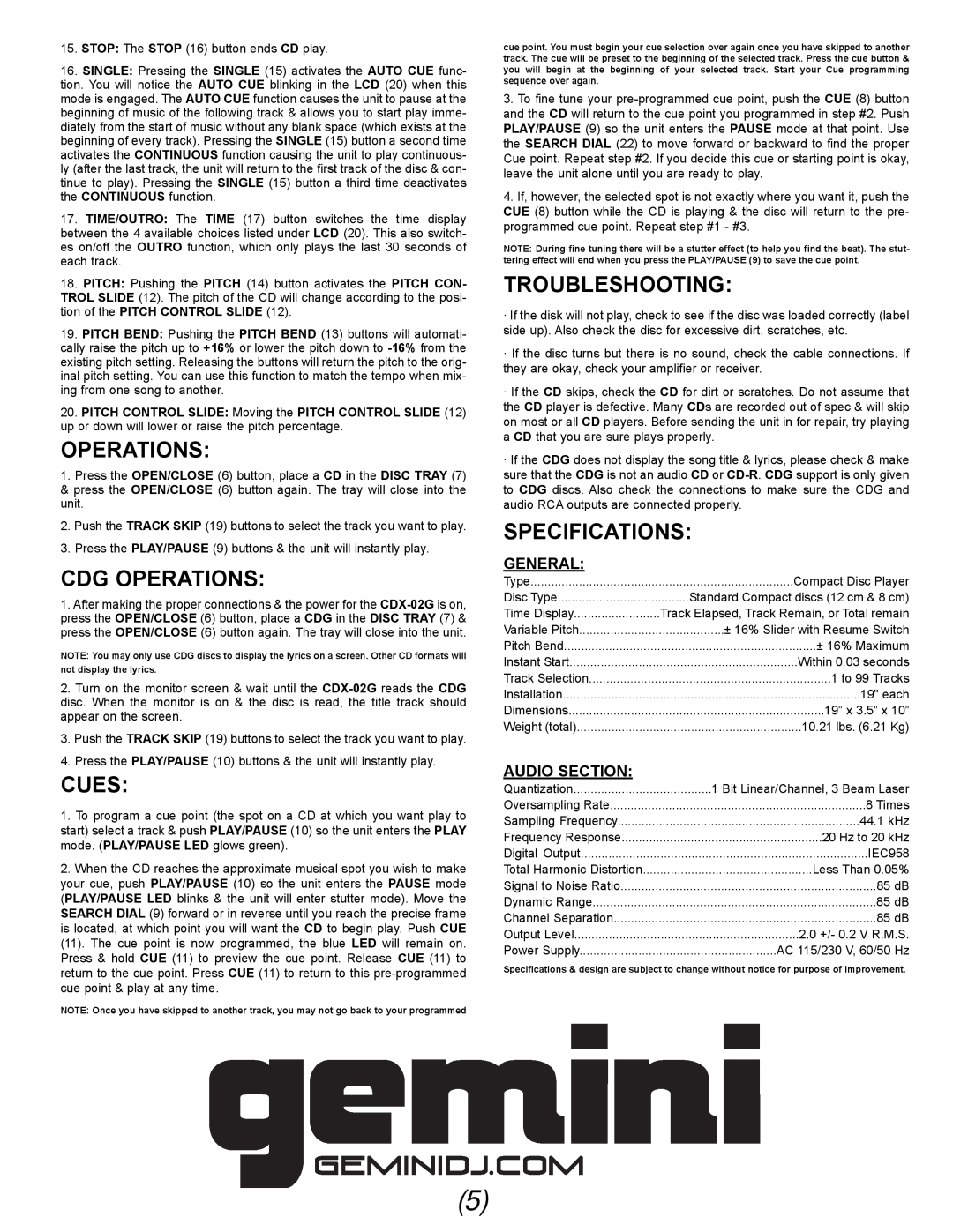 Gemini CDX-02G manual Cdg Operations, Cues, Troubleshooting, Specifications, General, Audio Section 