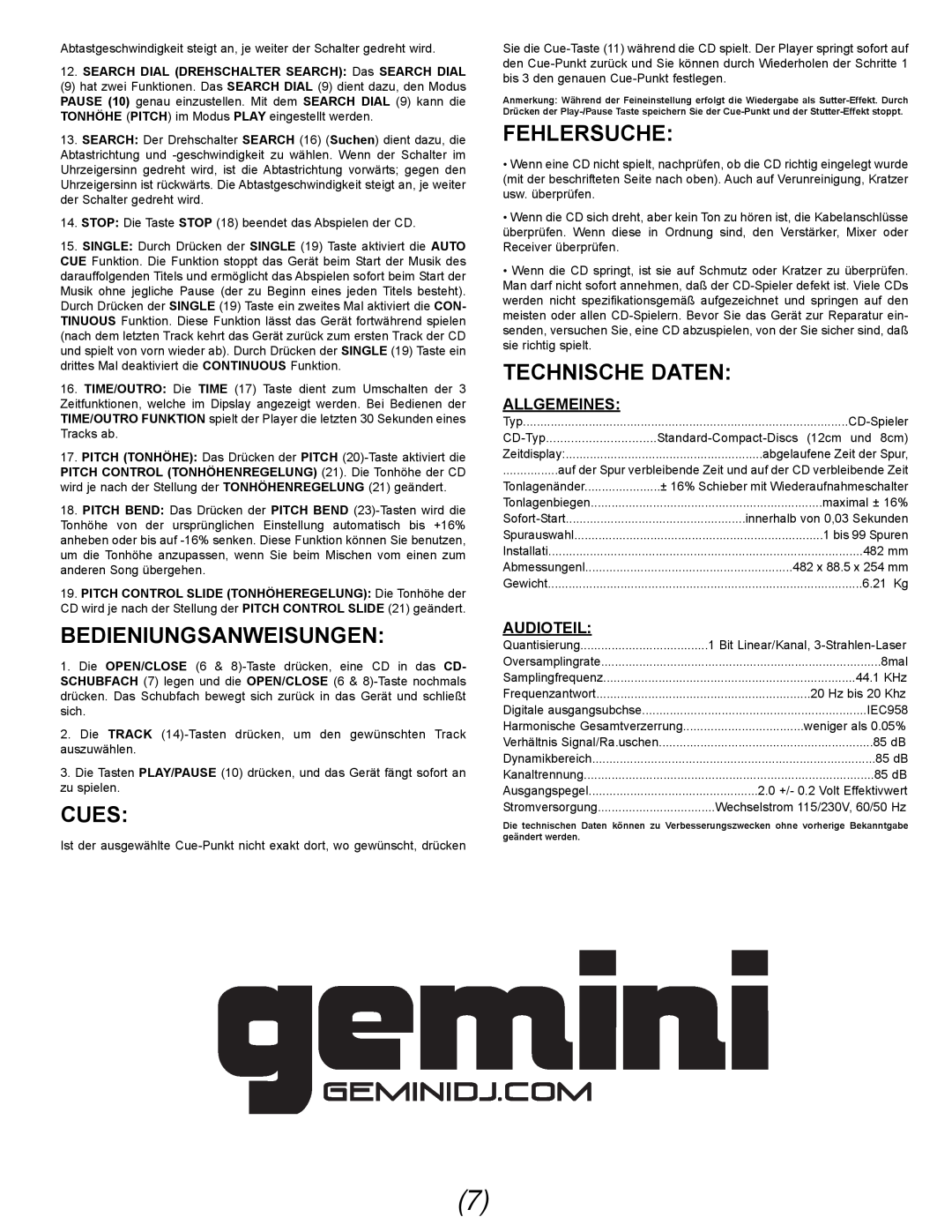 Gemini CDX-02G manual Bedieniungsanweisungen, Fehlersuche, Technische Daten, Allgemeines, Audioteil, Cues 