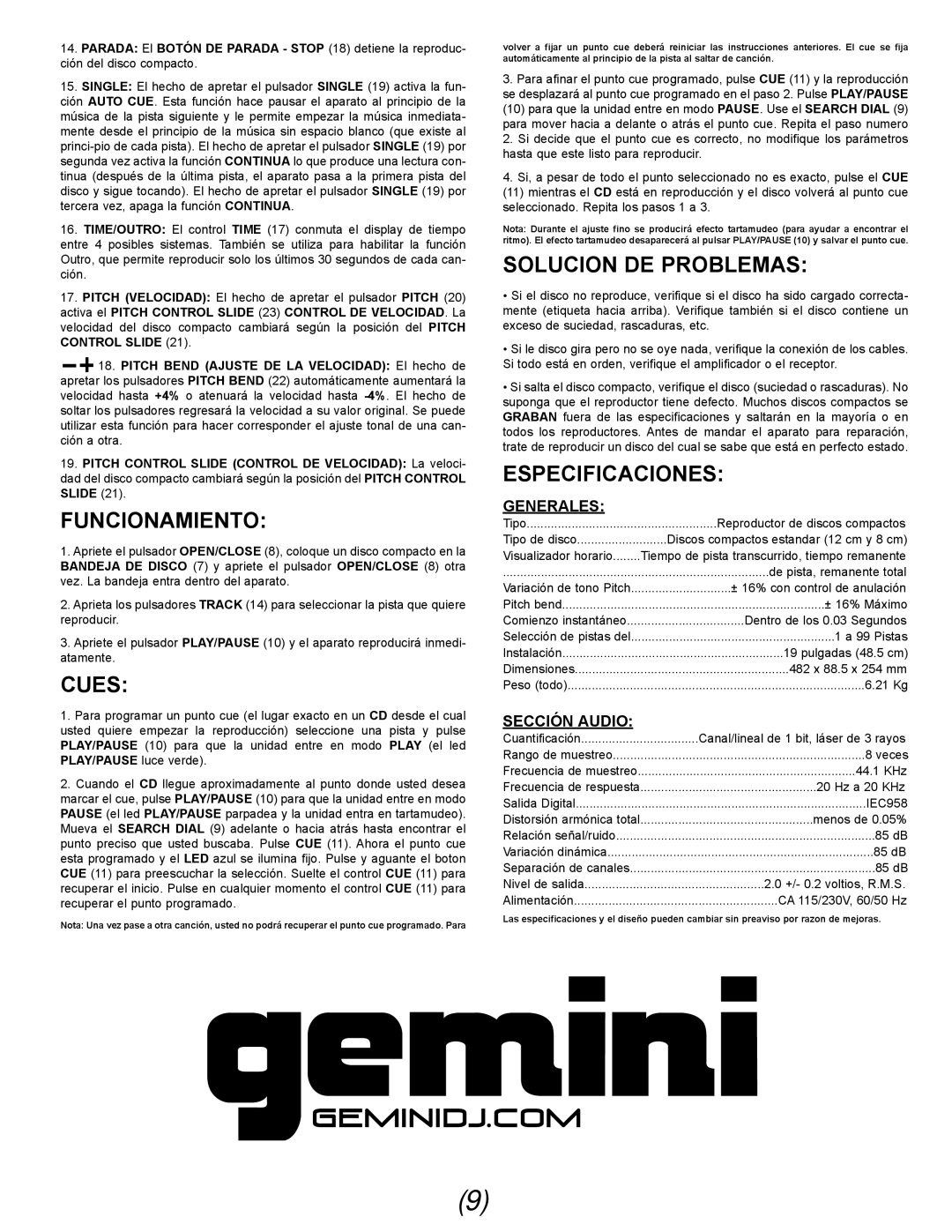 Gemini CDX-02G manual Funcionamiento, Solucion De Problemas, Especificaciones, Generales, Sección Audio, Cues 