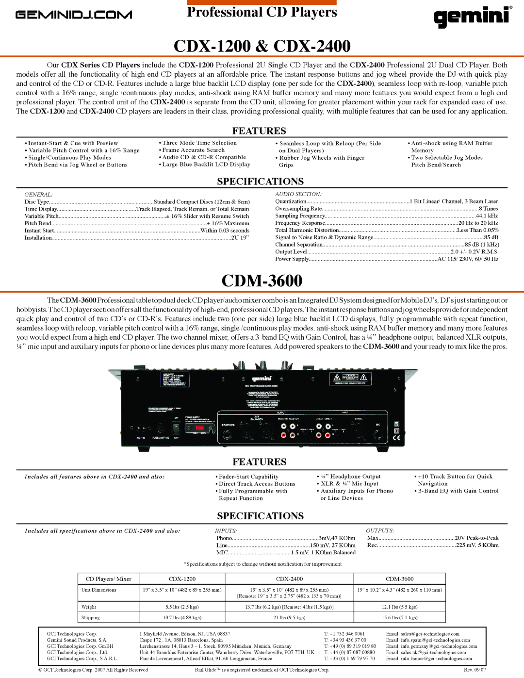 Gemini manual CDX-1200 & CDX-2400, Features, Specifications, Includes all features above in CDX-2400 and also 