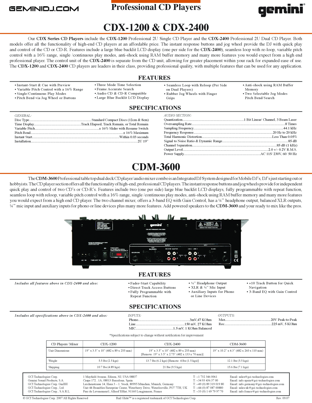 Gemini manual CDX-1200& CDX-2400, CDM-3600, Professional CD Players, Features, Specifications, Audio Section 