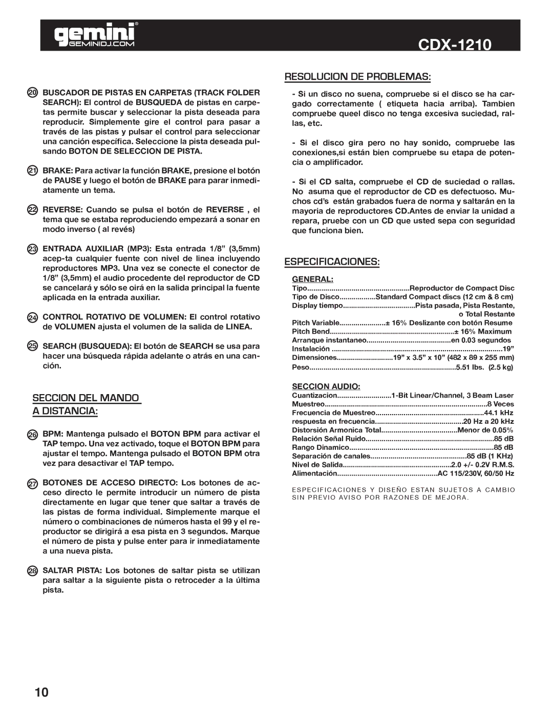 Gemini CDX-1210 manual Seccion DEL Mando Distancia, Resolucion DE Problemas, Especificaciones, Seccion Audio 