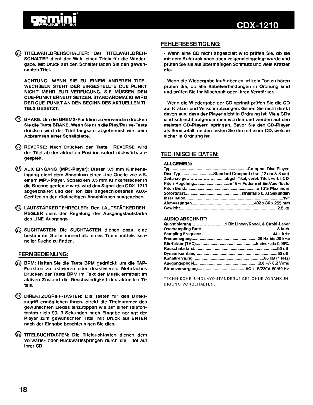 Gemini CDX-1210 manual Fernbedienung, Fehlerbeseitigung, Technische Daten, Allgemein, Audio Abschnitt 