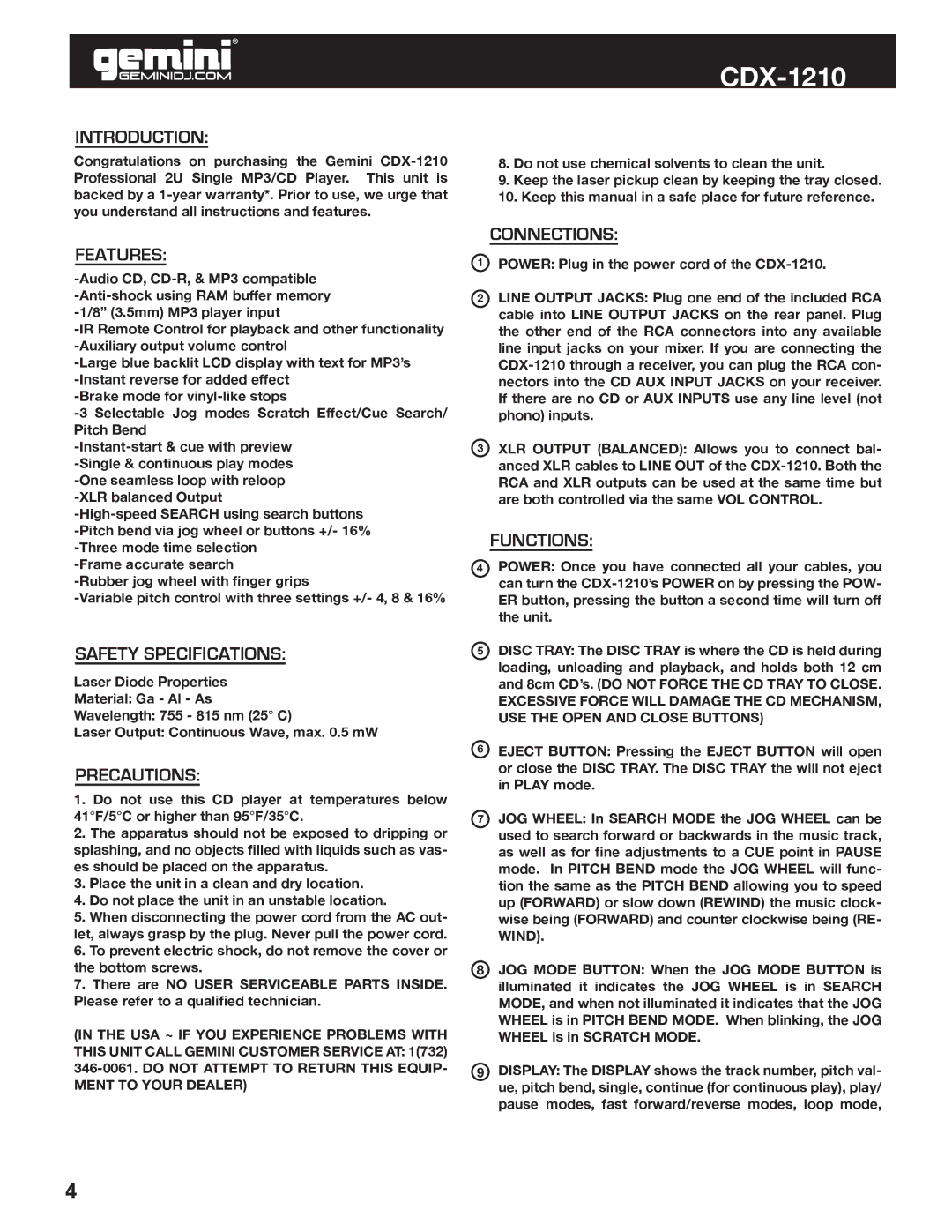 Gemini CDX-1210 manual Introduction, Features, Safety Specifications, Precautions, Connections, Functions 