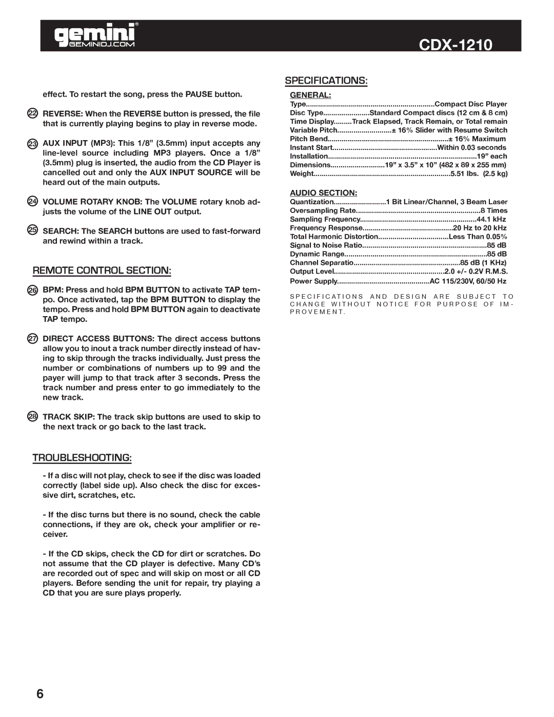 Gemini CDX-1210 manual Remote Control Section, Troubleshooting, Specifications, General, Audio Section 