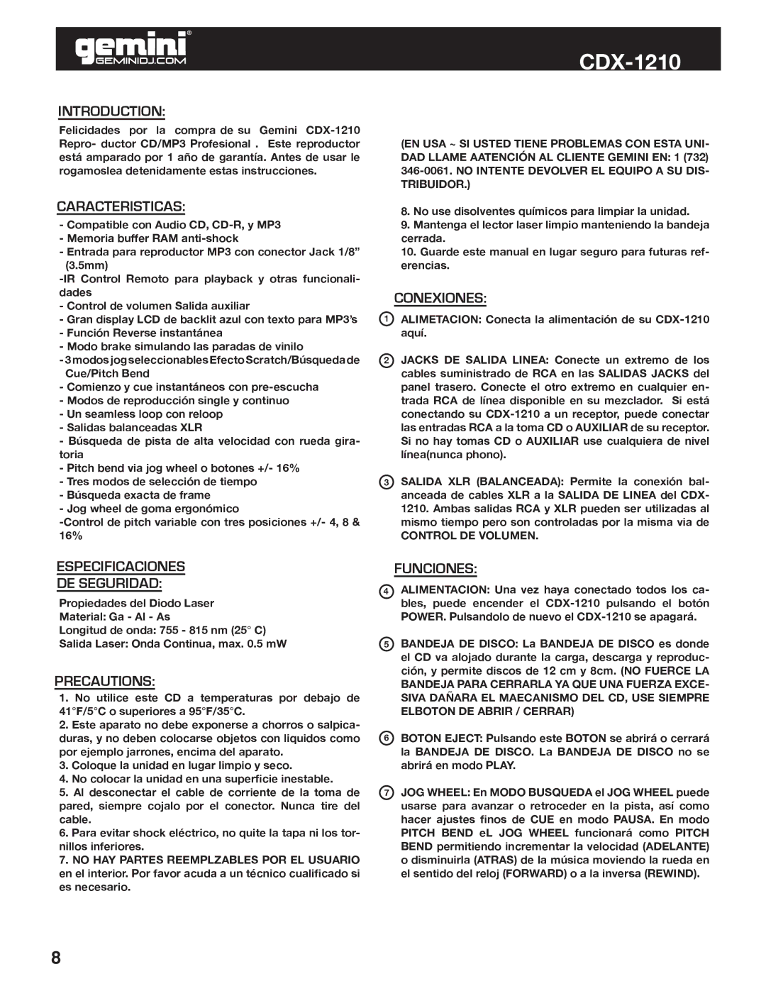 Gemini CDX-1210 manual Caracteristicas, Conexiones, Especificaciones DE Seguridad, Funciones, Control DE Volumen 