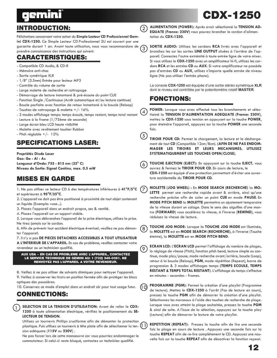 Gemini CDX-1250 manual Caracteristiques, Specifications Laser, Fonctions, Mises EN Garde 