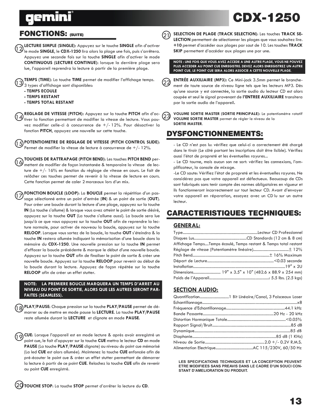 Gemini CDX-1250 manual Fonctions Suite, Dysfonctionnements, Caracteristiques Techniques, Section Audio 