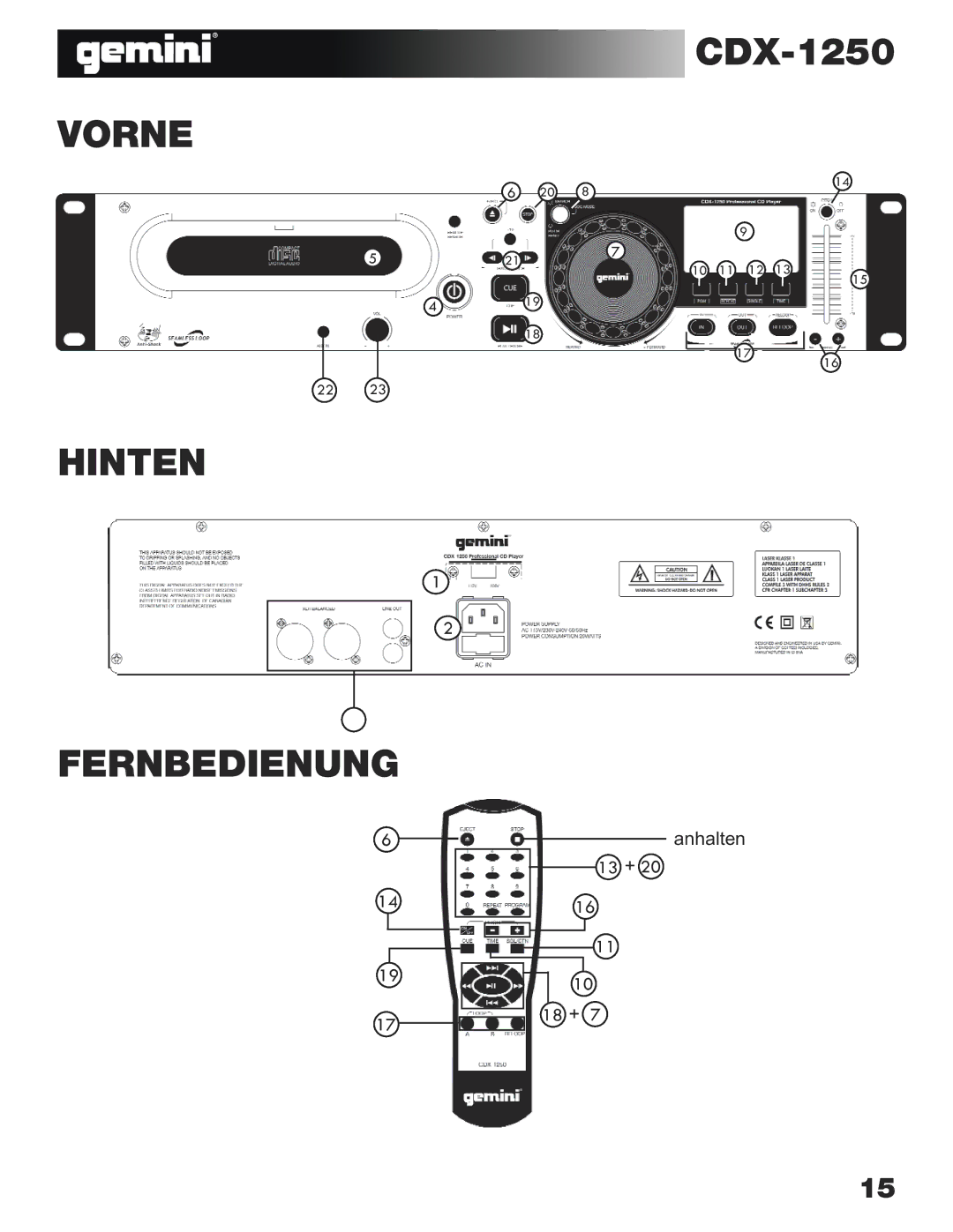 Gemini CDX-1250 manual Vorne Hinten 