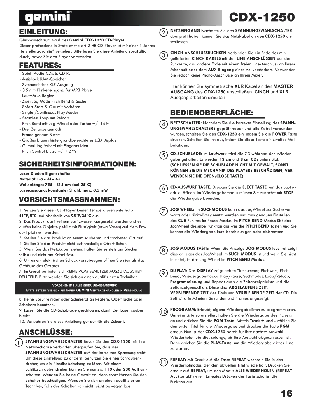 Gemini CDX-1250 manual Einleitung, Sicherheitsinformationen, Vorsichtsmassnahmen, Anschlüsse, Bedienoberfläche 