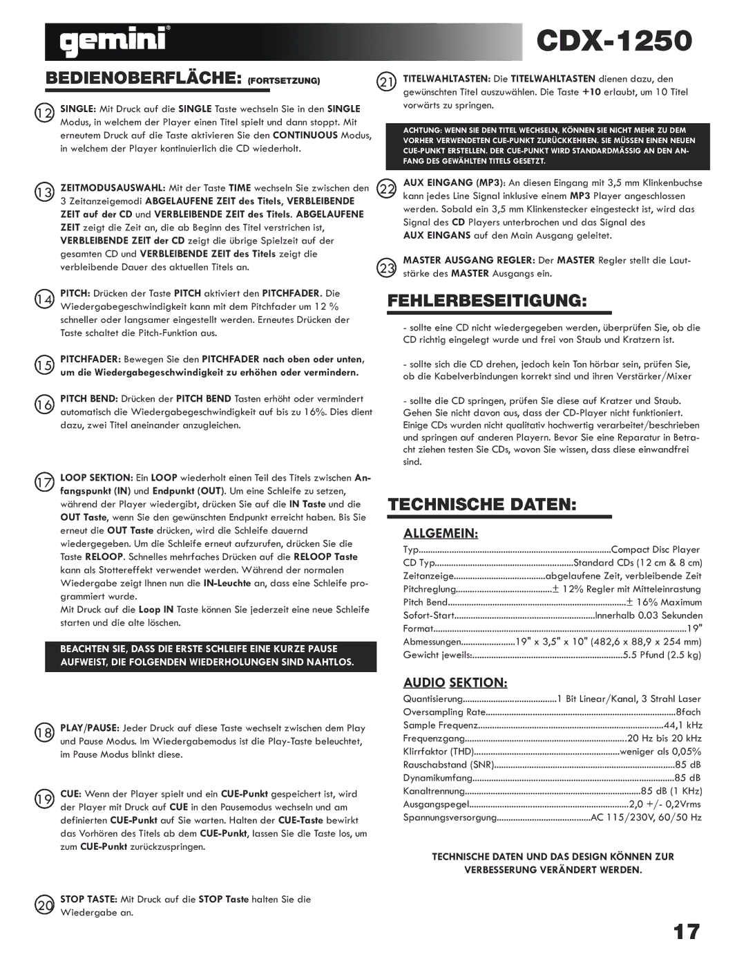 Gemini CDX-1250 manual Bedienoberfläche Fortsetzung, Fehlerbeseitigung, Technische Daten, Allgemein, Audio Sektion 