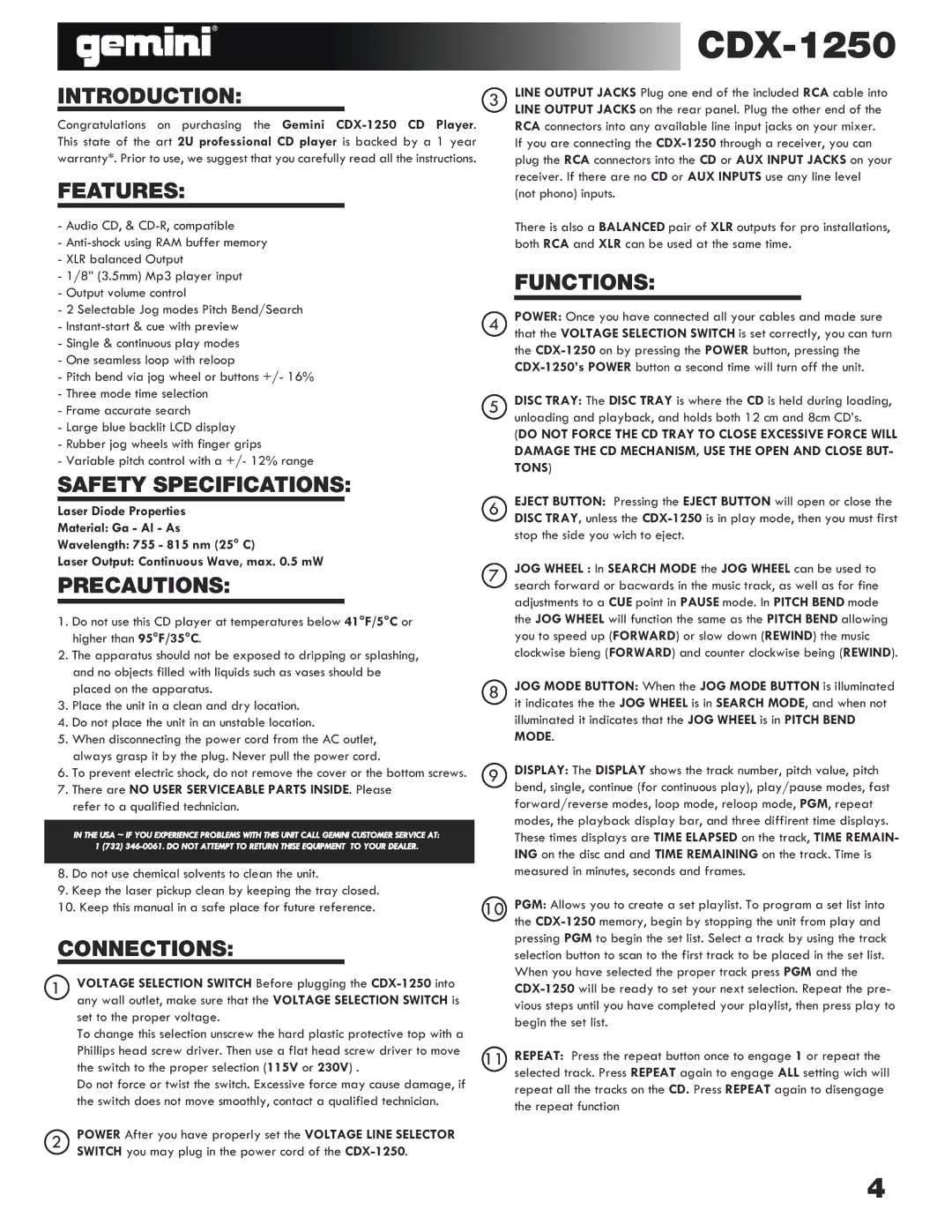 Gemini CDX-1250 manual Introduction, Features, Safety Specifications, Precautions, Connections, Functions 