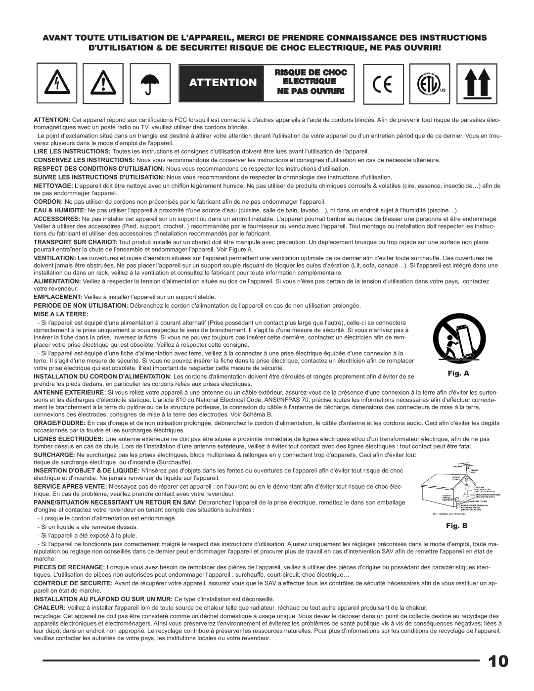 Gemini CDX-1250 manual Attention Electrique, Risque De Choc, Ne Pas Ouvrir, Fig. A, Fig. B, Mise A La Terre 
