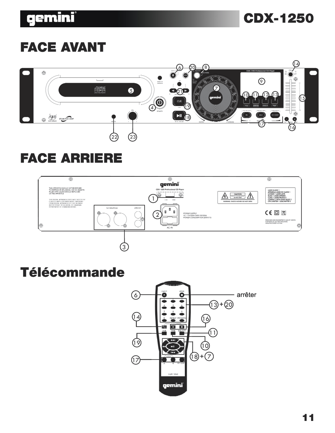 Gemini CDX-1250 manual Face Avant, Face Arriere, Télécommande, arrêter, 13 + 16 11 10 18 + 