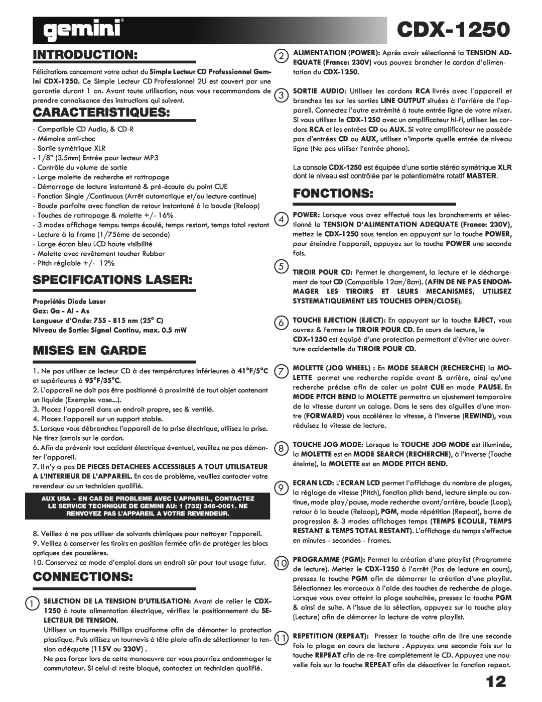 Gemini CDX-1250 manual Caracteristiques, Specifications Laser, Fonctions, Mises En Garde, Introduction, Connections 