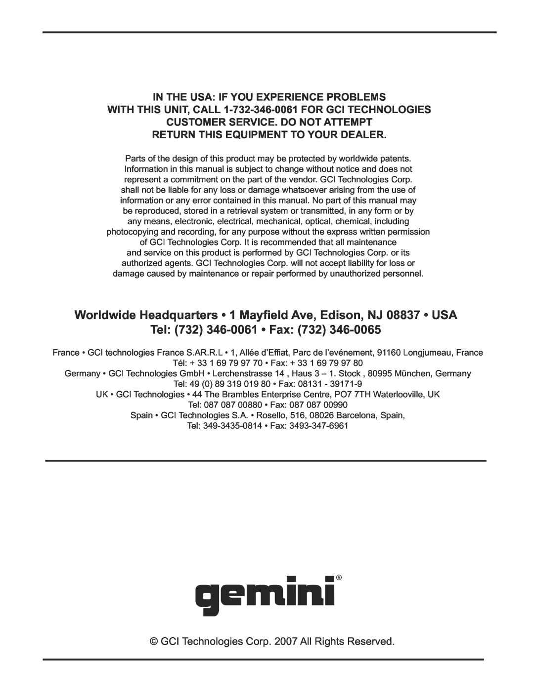 Gemini CDX-1250 manual Tel 732 346-0061 Fax, In The Usa If You Experience Problems, Customer Service. Do Not Attempt 