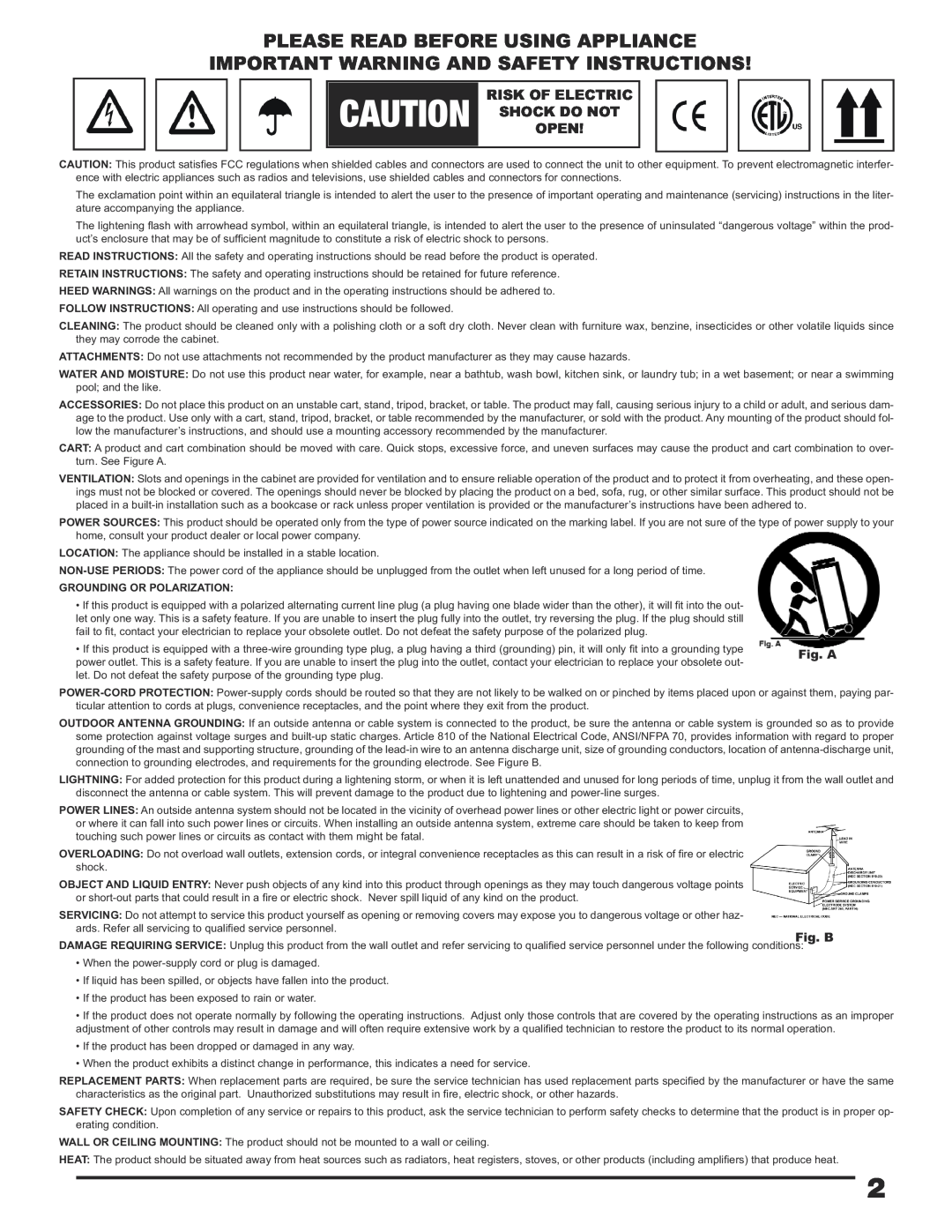 Gemini CDX-1250 manual Please Read Before Using Appliance, Important Warning And Safety Instructions, Fig. B, Fig. A 