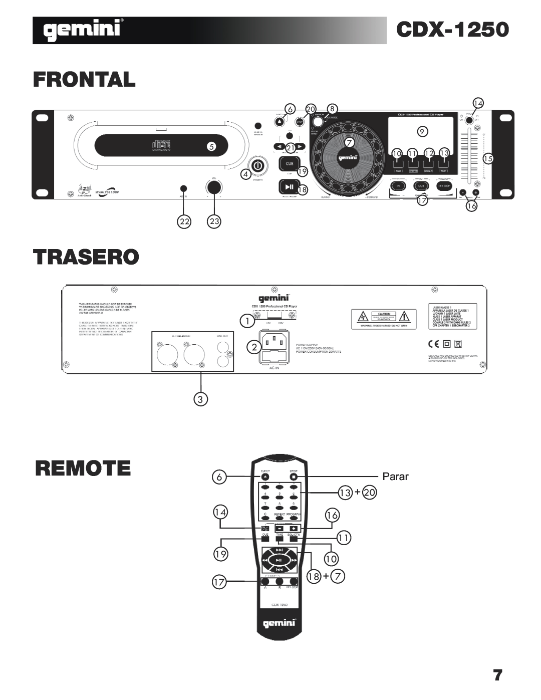 Gemini CDX-1250 manual Frontal, Trasero, Parar, Remote, 13 + 16 11 10 18 + 