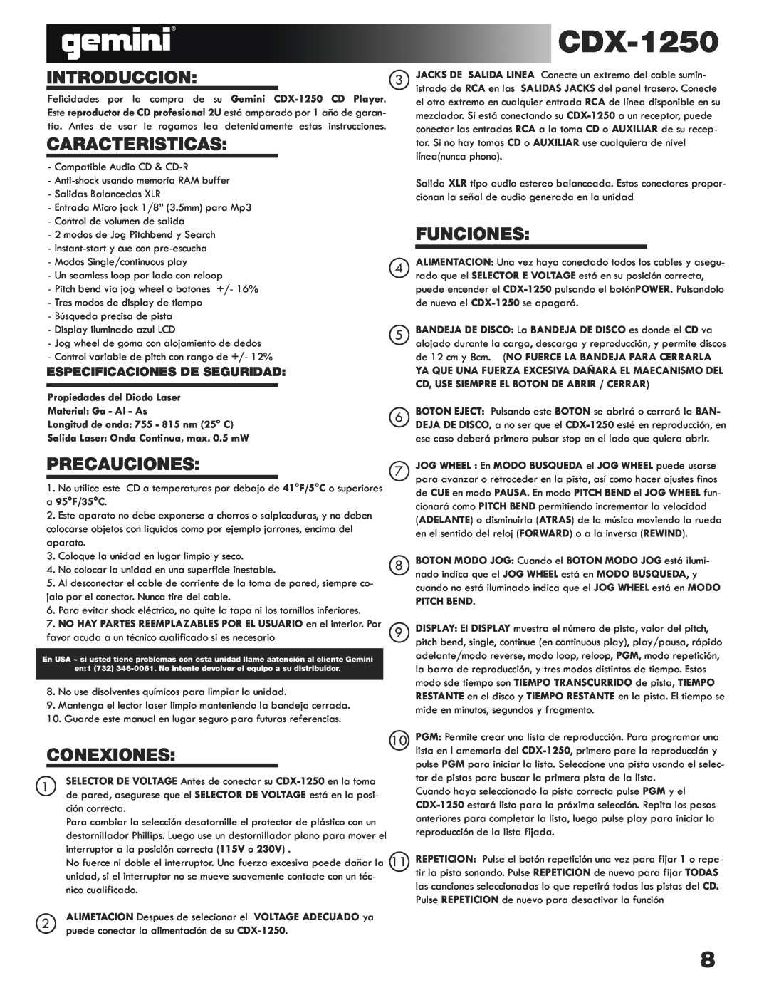 Gemini CDX-1250 manual Introduccion, Caracteristicas, Funciones, Precauciones, Conexiones, Especificaciones De Seguridad 