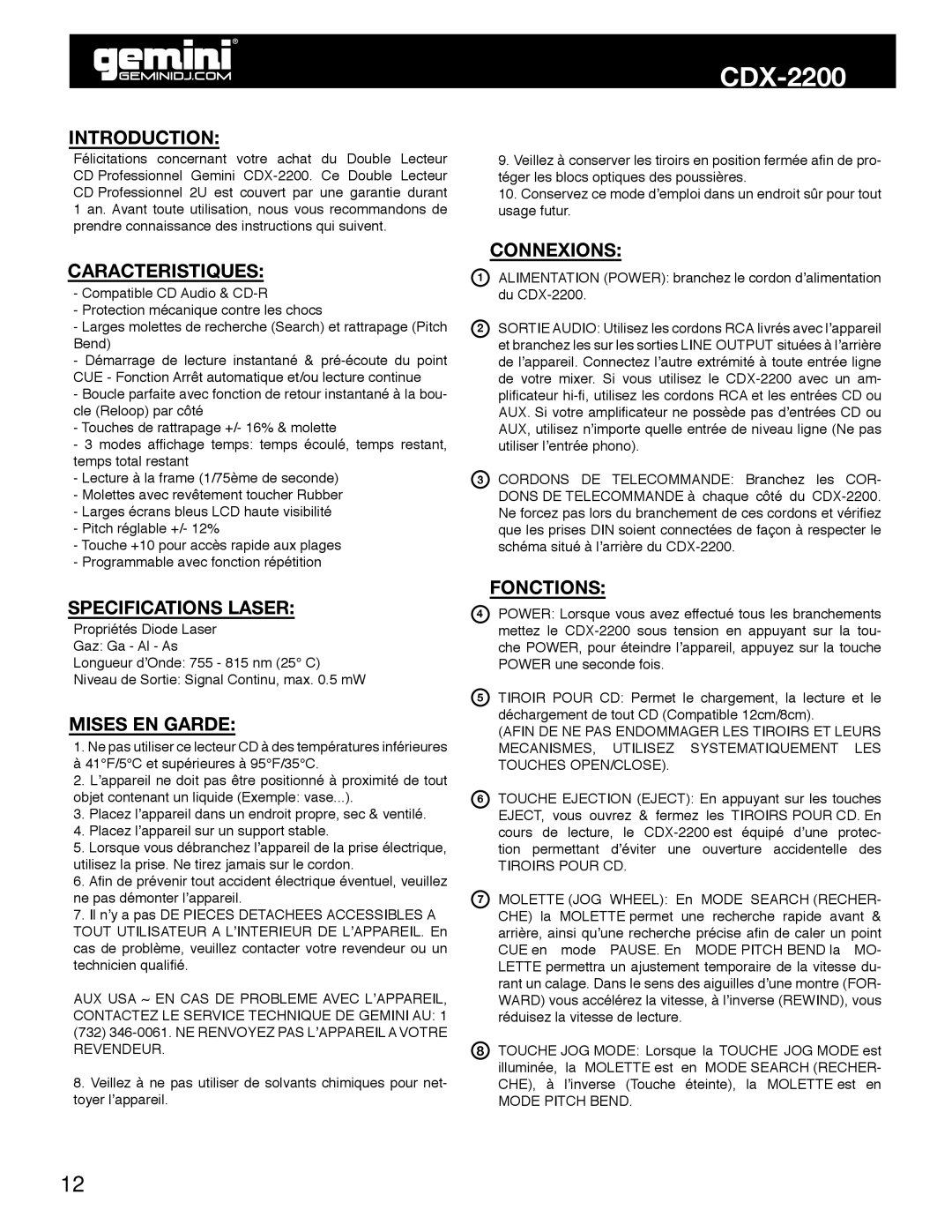 Gemini CDX-2200 manual Caracteristiques, Specifications Laser, Mises EN Garde, Connexions, Fonctions 